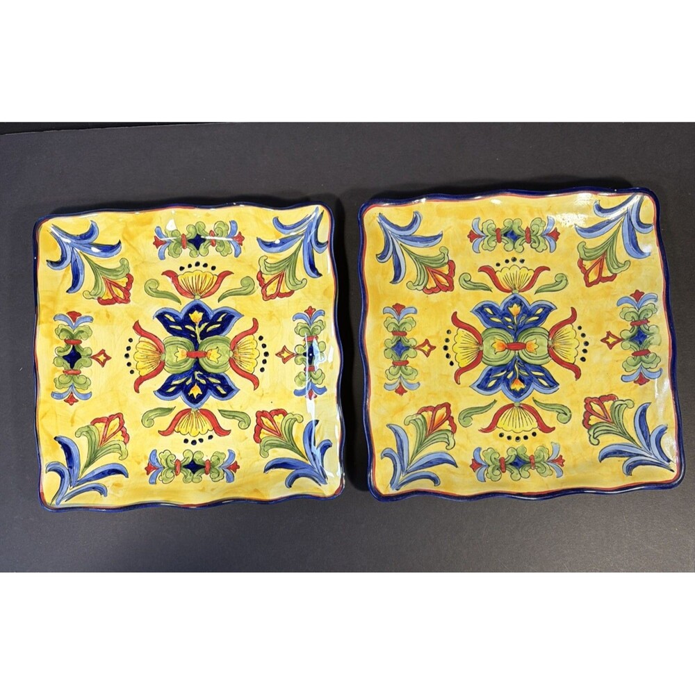 Pair of Yellow Talavera Hand Painted Square Platter Dinner Plates 11.5”